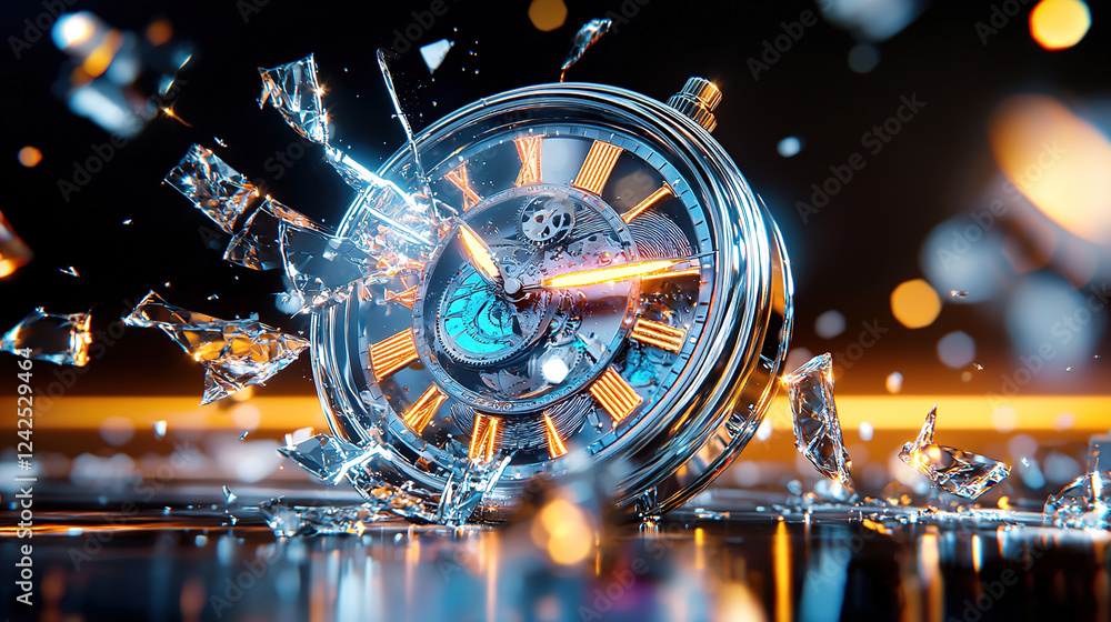 Surreal shattered clock face with floating fragments, glowing and ...