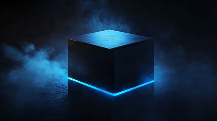 Poster - Black cube is glowing with blue neon light in the dark with smoke around it