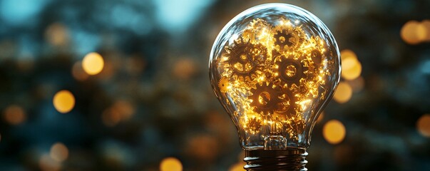 Leinwandbilder - Glowing light bulb with interlocking gears on dark background and blurred lights