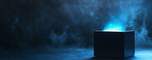 Poster - Enigmatic black cube emitting a soft glow in the eerie fog, evoking a sense of mystery and fascination