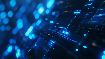Wall Mural - Abstract blue geometric shapes with glowing lines are set against a dark blue background, representing digital technology in 3D rendering.