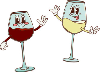 Poster - Cartoon retro groovy red and white glass characters. Two playful wine glasses cheer, smiling and waving with lively expressions, giving a cheerful and funky vibe for a lighthearted party celebration