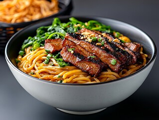 Wall Mural - A bowl of noodles with meat and vegetables in it