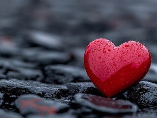 Wall Mural - A red heart sitting on top of a pile of rocks