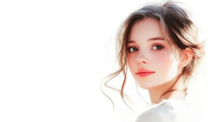 Wall Mural - Portrait of a young woman with soft features and flowing hair against a bright white background showcasing gentle beauty and serenity.