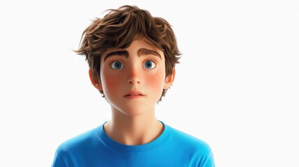 Wall Mural - Young boy with expressive blue eyes and tousled brown hair, wearing a vibrant blue shirt against a pristine white background, highlighting innocence and wonder.