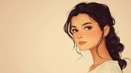 Poster - Portrait of a young woman with dark wavy hair in a side braid against a soft beige background, showcasing expressive features and a contemplative gaze.