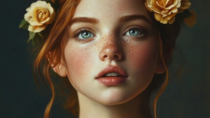 Wall Mural - studio portrait of a beautiful young girl with deep blue eyes and freckled skin adorned with soft yellow roses in an ethereal floral setting