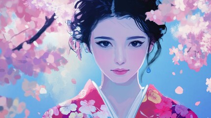 Wall Mural - Portrait of young Japanese woman in vibrant red floral kimono surrounded by delicate cherry blossoms in soft pastel colors and serene blue background