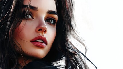 Sticker - Captivating portrait of a young woman with long dark hair and soft features against a bright white background, emphasizing her striking beauty and expressive gaze.