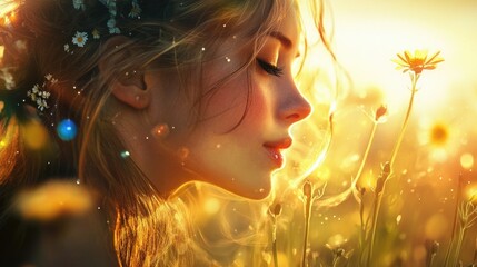 Wall Mural - Golden Hour Portrait of a Young Woman with Flowers in Her Hair, Soft Smile Amidst a Sunlit Meadow, Dreamy Glow and Floral Background