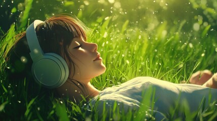 Wall Mural - Young girl lying on lush green grass, enjoying music with headphones, in a serene summer setting illuminated by soft sunlight.