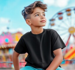 Wall Mural - Boy model in black t-shirt mockup. Modern little boy wearing casual t-shirt standing at fair in city park. Kids basic short sleeve t-shirt mock up. Children's regular fit tee template
