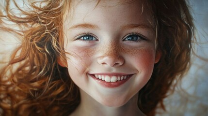 Wall Mural - Smiling young girl with curly red hair and freckles, portrait captured in natural light, soft background highlighting her joyful expression.