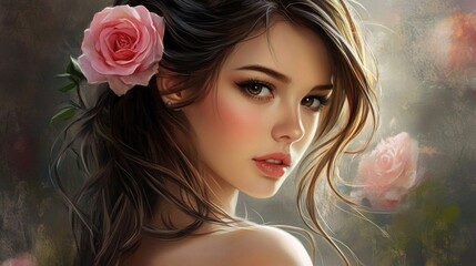 Wall Mural - Brunette woman with a pink rose in her hair, soft focus background with floral elements, romantic and dreamy ambiance, natural light, portraiture.