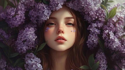 Sticker - Serene portrait of a young woman surrounded by vibrant lilac flowers, capturing delicate beauty with soft purple blooms and gentle facial expression.