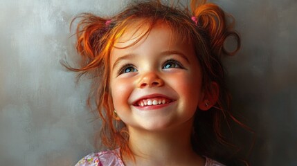 Wall Mural - Smiling young girl with brown eyes and curly red hair, joyful expression against a soft gray background, capturing youthful innocence and happiness.