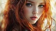 © The 2R Artificiality - Portrait of a young woman with vibrant red hair and striking blue eyes illuminated by natural light showcasing beauty and grace.