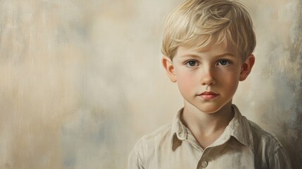 Wall Mural - Portrait of a young blond boy with soft features wearing a light shirt set against a textured neutral background, conveying innocence and curiosity.