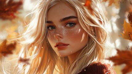 Wall Mural - Portrait of a young woman with long blonde hair and freckles surrounded by autumn leaves in a warm orange and golden blurred background.