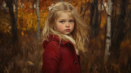 Wall Mural - Portrait of a young girl with long blonde hair in a red warm coat standing in an autumn park surrounded by vibrant orange and yellow foliage