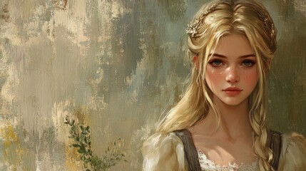 Sticker - young woman with long blonde hair and soft features wearing a vintage dress against a muted background with floral elements in soft tones