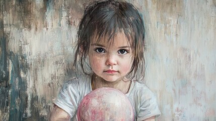 Wall Mural - portrait of a thoughtful girl child with dark hair holding a soft pink ball seated against a textured beige background