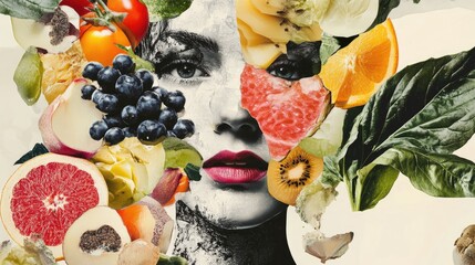 Sticker - Vibrant collage of fresh fruits and vegetables incorporating a woman's face with dark features showcasing health, wellness, and nutrition concepts in vivid colors.