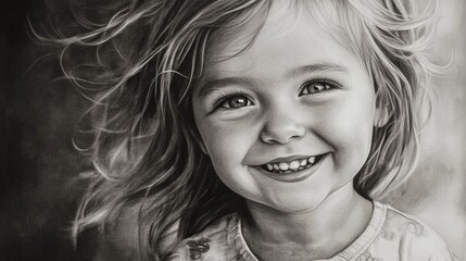 Wall Mural - Happy little girl with tousled hair smiling joyfully in a detailed black and white portrait showcasing youthful innocence and charm.