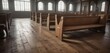 © AiGallery - weathered wooden pews scattered across the floor, neglected furniture , dusty altar