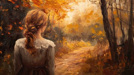 Sticker - Young girl with European features gazing into an autumn forest pathway surrounded by vibrant orange and yellow leaves in a serene outdoor setting.