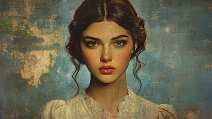 Wall Mural - Vintage-style portrait of a young woman with soft features and wavy brown hair against a textured blue and gold background, exuding a classic and timeless aesthetic.