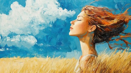 Sticker - Young woman with flowing red hair enjoying a serene moment against a vibrant blue sky and golden fields reflecting freedom and tranquility