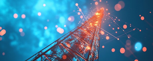 Fototapete - Telecommunication tower sending data through network connections in the evening