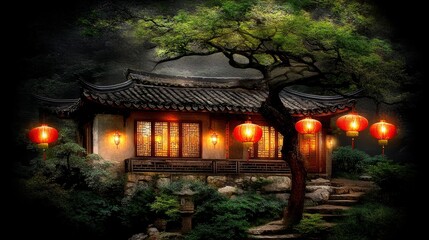 Wall Mural - Serene Asian House Night Scene Illuminated Lanterns