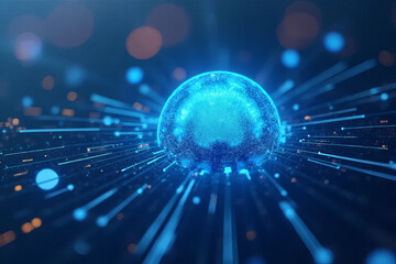 Wall Mural - glowing blue sphere surrounded by light rays, representing technology and innovation