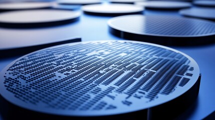 Leinwandbilder - Stacked silicon wafers in blue light with shallow depth of field