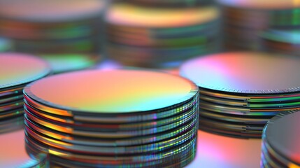 Leinwandbilder - Silicon wafers stacked to produce vibrant reflections symbolizing technological progress