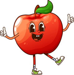 Poster - Groovy school red apple character. Isolated cartoon vector cheerful ripe healthy fruit personage with expressive eyes happily smiling and giving a thumbs up, showcasing a friendly and positive vibes