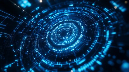 Poster - A mesmerizing blue digital vortex with circular patterns and glowing lines, representing technology and innovation in a futuristic design.