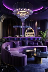 Luxurious purple bar lounge interior; elegant seating, ambient lighting