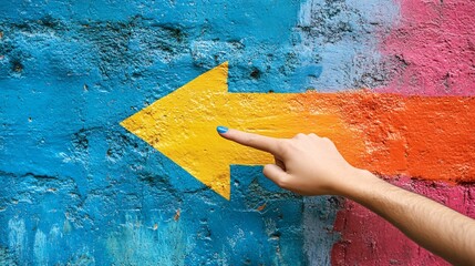 Aufkleber - Woman points to a yellow arrow on a blue wall