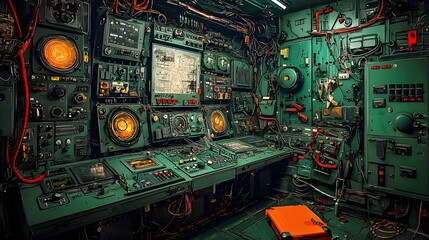 Fototapete - High tech military command and control bunker with strategists planning an anti alien assault  Filled with advanced technology radar screens communication equipment and a map of the battleground