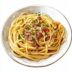 Wall Mural - Delicious bowl of creamy spaghetti topped with crispy bacon, herbs, and black pepper, perfect for food enthusiasts and culinary inspiration