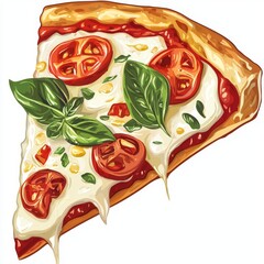 Wall Mural - Deliciously Melted Cheese Pizza Slice with Fresh Basil and Tomato Slices on a Crispy Crust