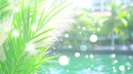 Canvas Print - Serene Green Plants by Water with Sunlight and Bokeh