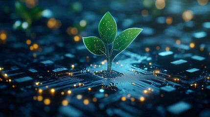 Fototapete - Futuristic computer motherboard with a green plant growing, representing innovation and technological progress