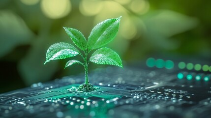 Poster - Digital particle green plant is growing from a printed circuit board