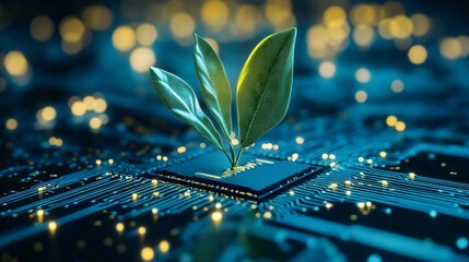 Leinwandbilder - Green technology concept: computer processor chip on a motherboard with a plant growing from it