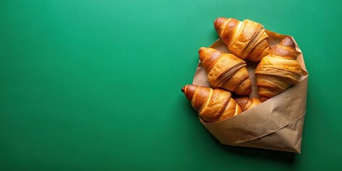 Wall Mural - Delicious Freshly Baked Croissants in Paper Bag - Minimalist Green Background Stock Photo